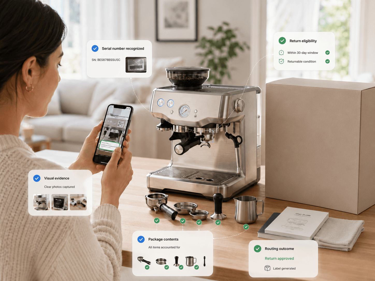 Customer using their phone to validate the product, serial number, package contents, and return evidence before approval